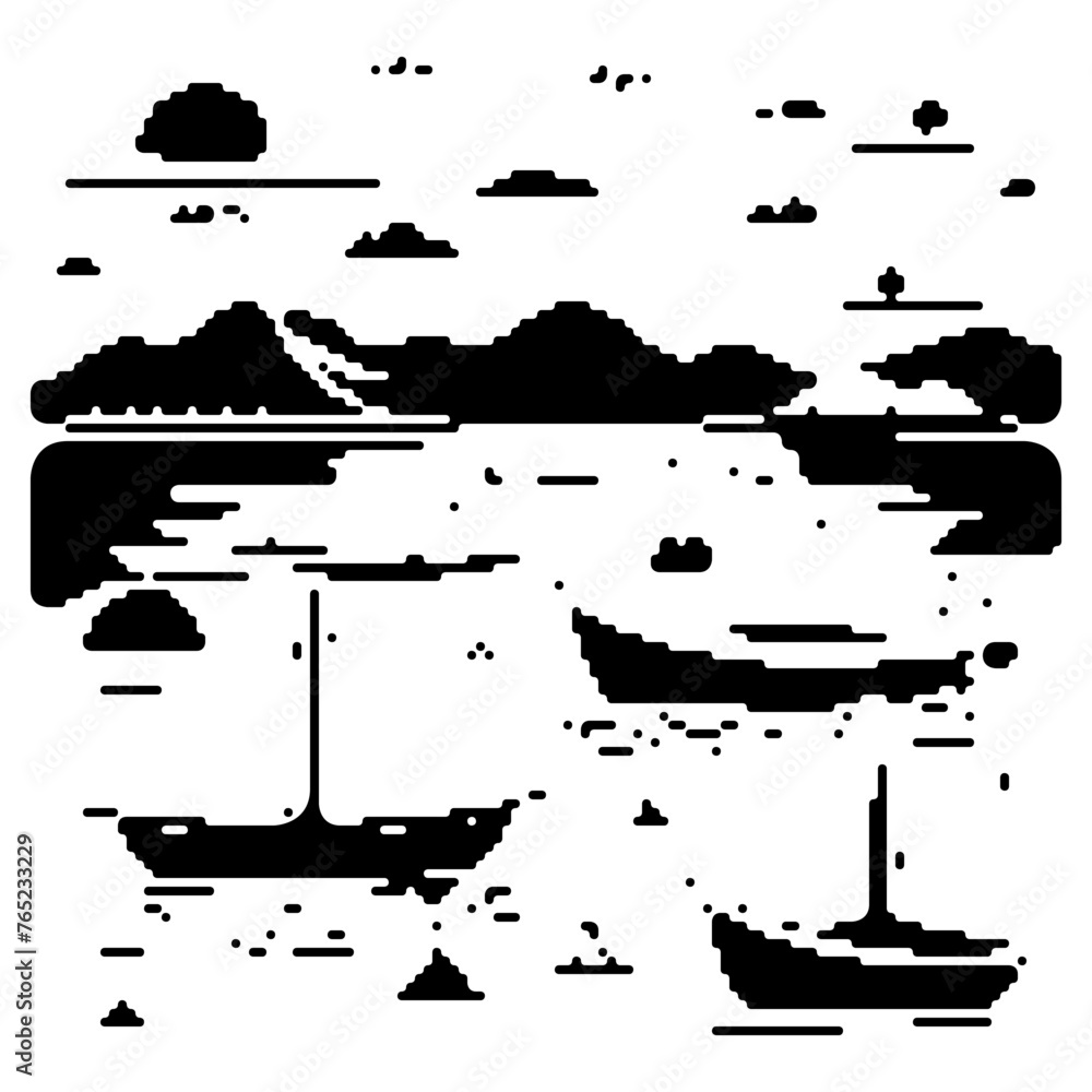 Pixel art modern illustration of a boats sailing on a sea and mountains.