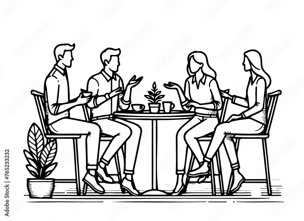 Fototapeta premium Modern, linear vector illustration of diverse people gathered around a table, a discussion