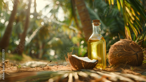 Coconut oil bottle amidst coconut plantation