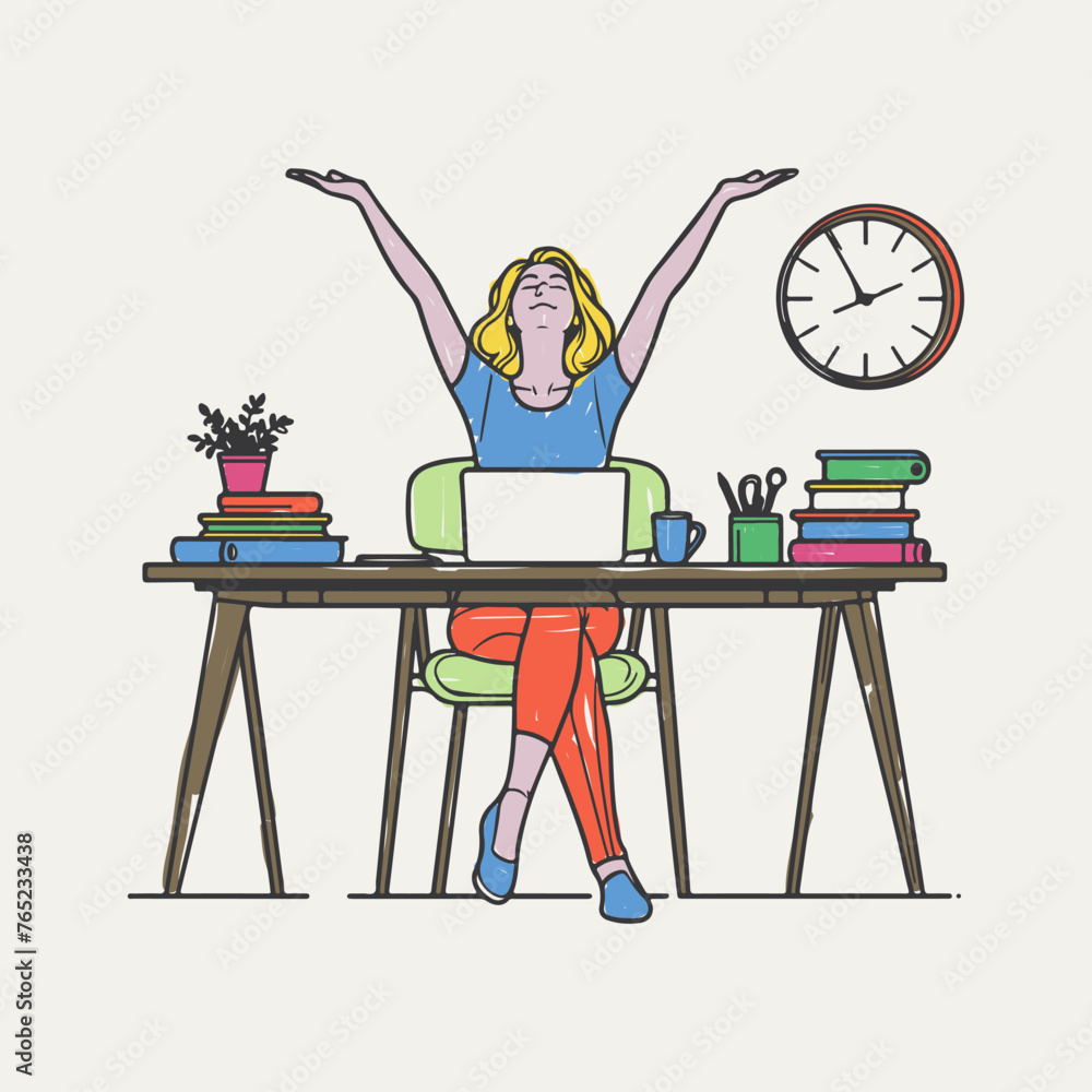 Modern linear vector illustration of a happy freelancer working productively at a home desk.