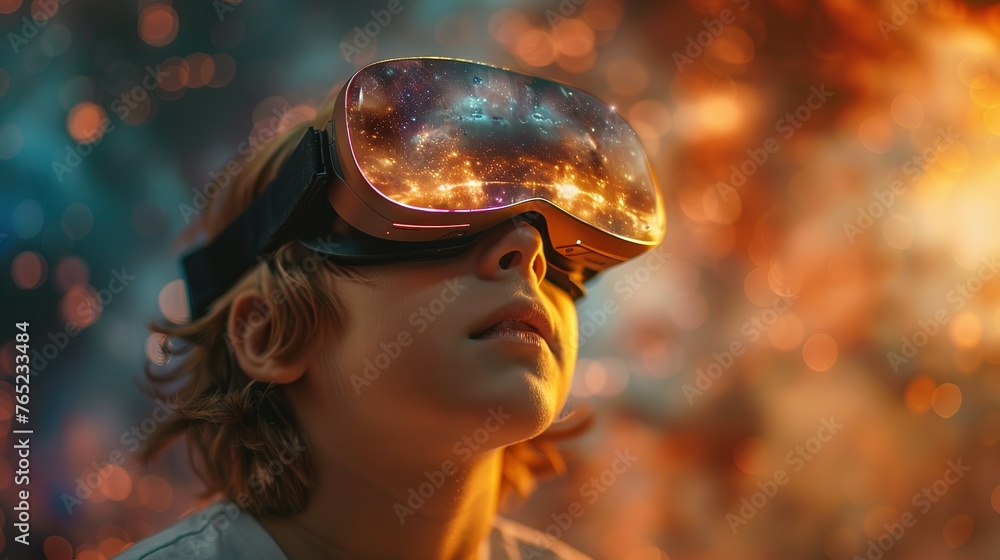A young boy wearing a virtual reality headset is looking up at the sky. Concept of wonder and excitement as the boy explores the virtual world A young boy wearing a virtual reality headset is looking up at the sky. Concept of wonder and excitement as the boy explores the virtual world