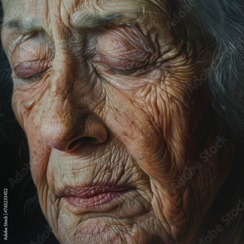 Artistic representation of an elderly woman's closed eyes, with wrinkles mapping a life's journey, invoking contemplation and reverence.
