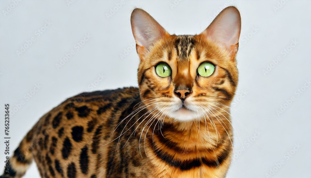 Portrait of male Bengal cat sitting down looking straight into camera cut out isolated on white background, orange color feline with dark round rosette pattern and bright green eyes