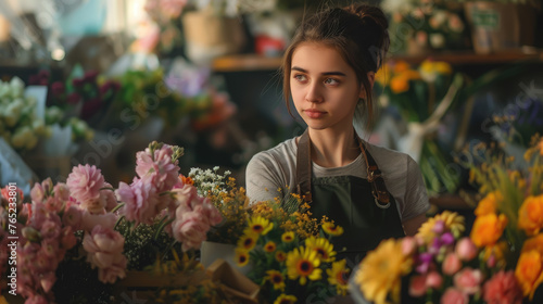 young female florist in an apron makes a bouquet in a flower shop  small business  plants  nature  beauty  girl  woman  seller  worker  employee  holiday  businesswoman  smile  portrait  face