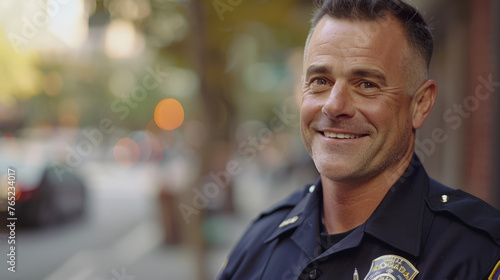 Handsome charming and smiling police officer in uniform looking at camera.