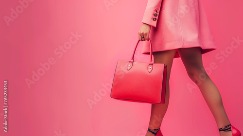 Fashionable woman balances handbag with poised legs.