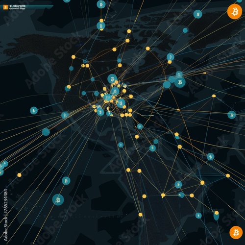 This image presents a dynamic visualization of the Bitcoin network  with blue and orange nodes radiating from a central point on a geographical backdrop  highlighting the currency s connectivity.