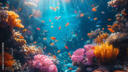Vibrant coral reef teeming with fish and corals in underwater world