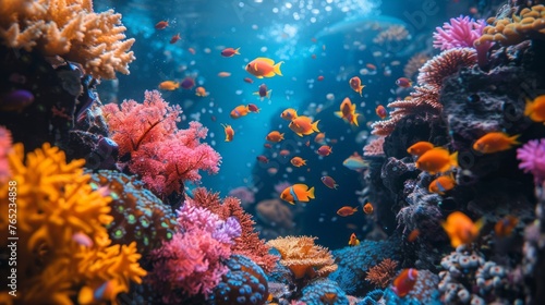 Underwater coastal ecosystem with vibrant coral reefs and electric blue fish