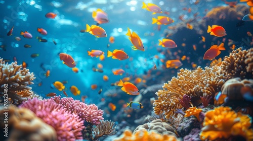 Underwater ecosystem with diverse fish and vibrant corals in the ocean © yuchen