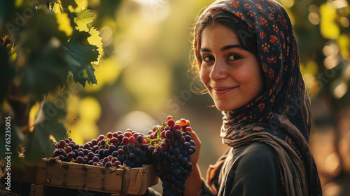 smiling Italian young woman in a headscarf holds a bunch of grapes in her hand, viticulture, wine, harvest, summer, garden, girl, portrait, winemaking, greens, emotional face
