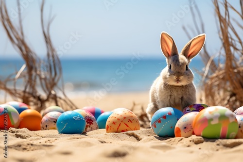Easter bunny with colorful eggs on beach