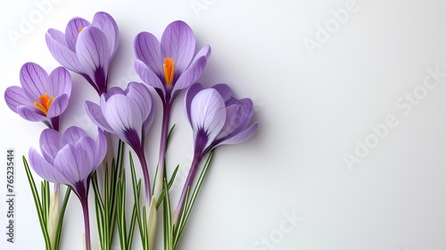 Purple crocus flowers on the white background with copyspace. For invitation, congratulations, banner, card. Floral spring theme, 