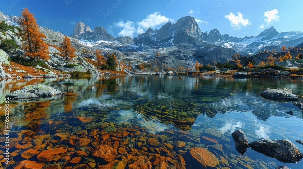 A serene lake in a mountain range surrounded by tall peaks and a cloudy sky