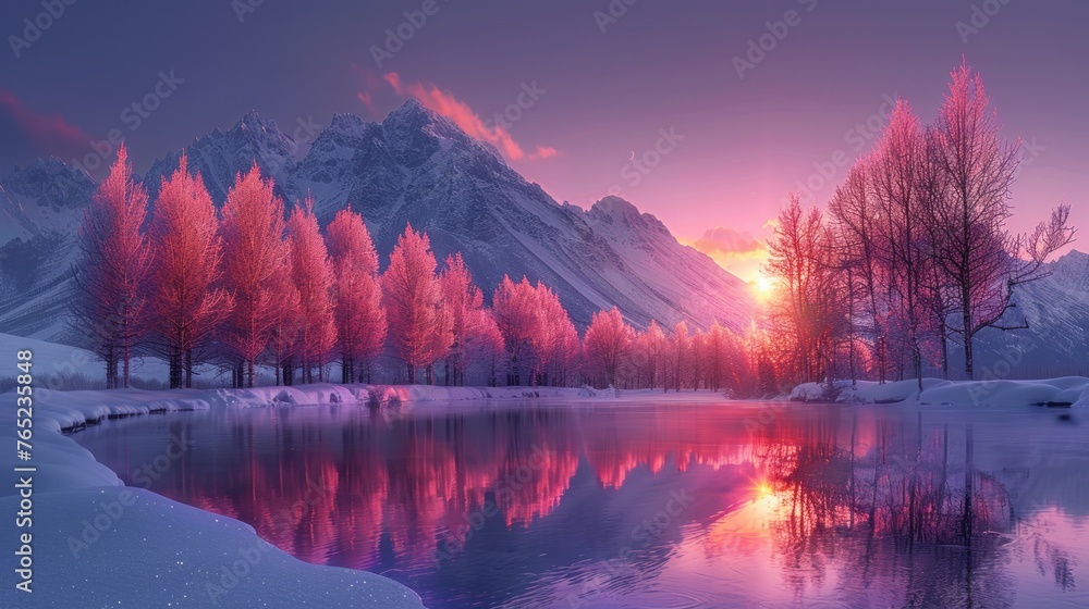 A tranquil lake reflecting snowcovered trees and mountains under a sunset sky