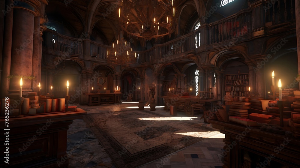 Obraz premium An enchanting library nestled within the walls of an ancient castle, its shelves adorned with dusty tomes and illuminated by the soft glow of antique lamps, evoking a sense of mystery and wonder. 