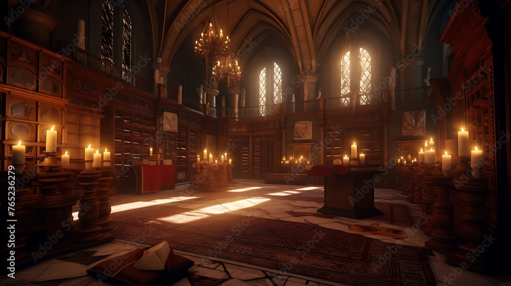 An enchanting library nestled within the walls of an ancient castle, its shelves adorned with dusty tomes and illuminated by the soft glow of antique lamps, evoking a sense of mystery and wonder.
