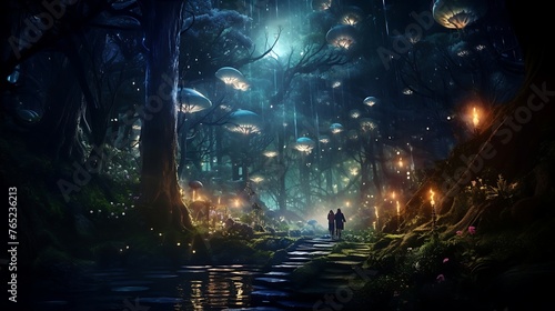 An enchanted forest bathed in the ethereal glow of moonlight, where ancient trees reach towards the star-studded sky and mystical creatures roam amidst shimmering foliage.
 photo