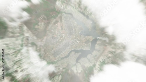 Earth zoom in from space to Brasilia, Brazil. Followed by zoom out through clouds and atmosphere into space. Satellite view. Travel intro. Images from NASA