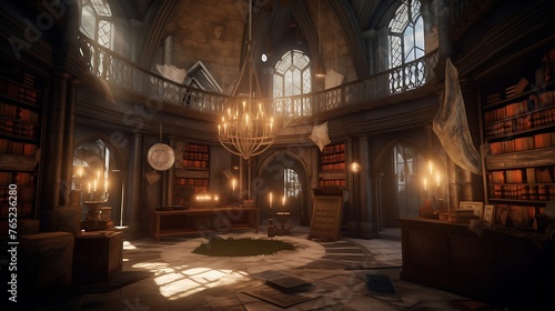An enchanting library nestled within the walls of an ancient castle, its shelves adorned with dusty tomes and illuminated by the soft glow of antique lamps, evoking a sense of mystery and wonder. 