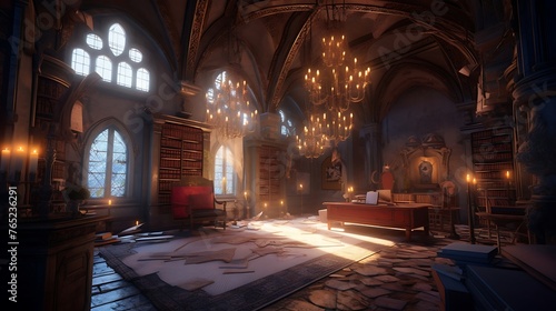 An enchanting library nestled within the walls of an ancient castle, its shelves adorned with dusty tomes and illuminated by the soft glow of antique lamps, evoking a sense of mystery and wonder. 