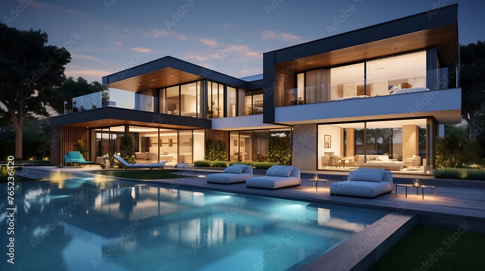 Obraz premium A sleek architectural masterpiece boasting a sun-drenched poolside retreat in a modern home setting. 