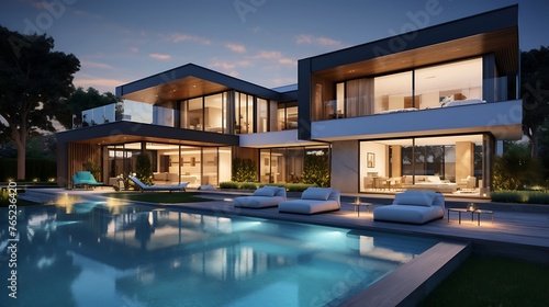 A sleek architectural masterpiece boasting a sun-drenched poolside retreat in a modern home setting. 