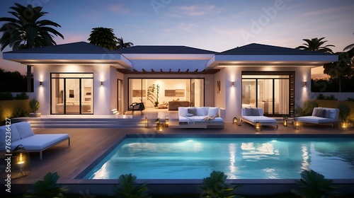 A sleek architectural masterpiece boasting a sun-drenched poolside retreat in a modern home setting.  © Huzaifa