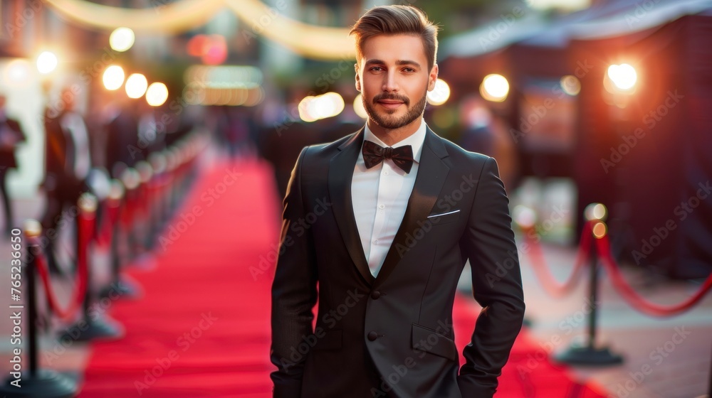 elegant handsome man in a suit on a red carpet surrounded by photographers elegant handsome man in a suit on a red carpet surrounded by photographers