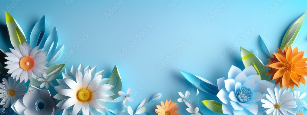 Floral frame on light blue background. Colorful paper spring flowers and leaves wallpaper. Border for greeting card design for holiday, Mother's day, easter, Valentine day. Papercraft, quilling