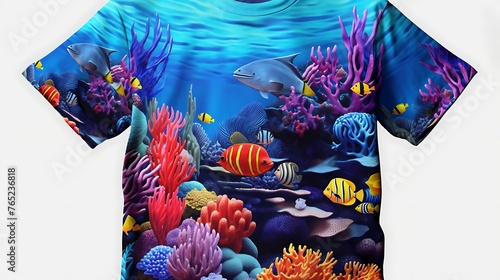 A captivating and vibrant shirt print design showcasing the beauty of aquatic life, with intricate details of colorful fish, graceful sea turtles, and delicate coral formations