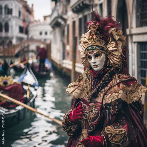 Elegant Masked Figure at Venetian Carnival by Canal