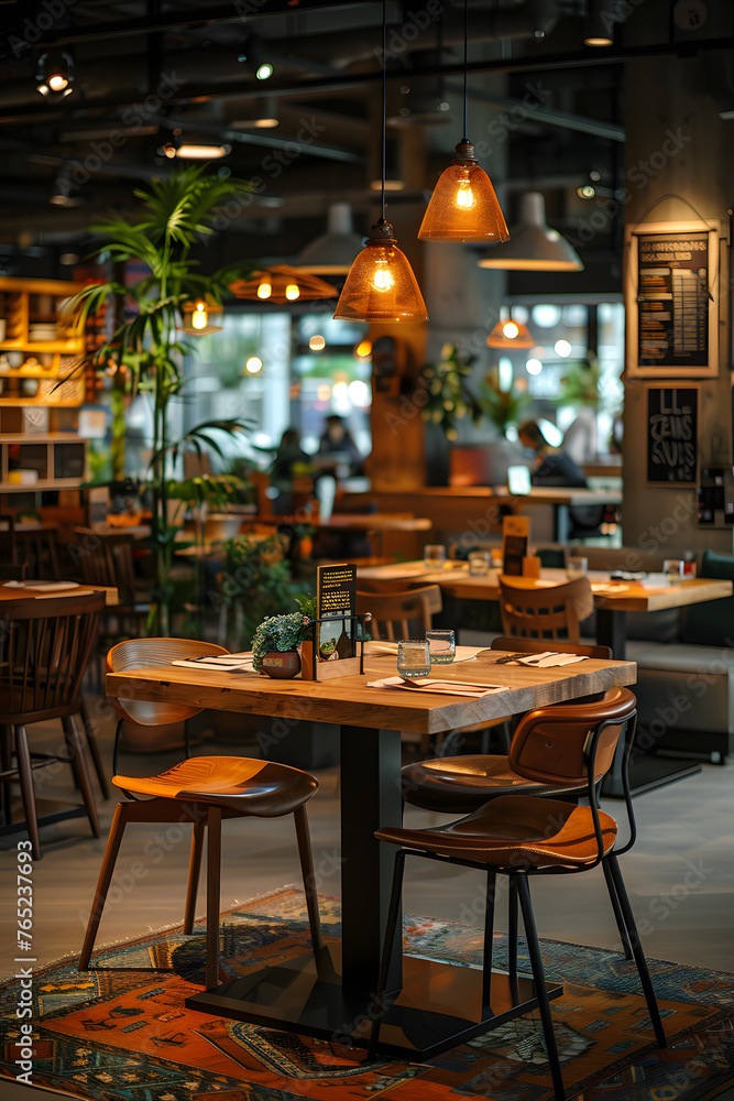 Drinking establishment with tables, chairs, and rug on the floor