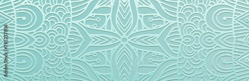 Banner. Relief geometric luxury decorative 3D pattern on a light background. Tribal ornamental cover design. Ethnicity of the East, Asia, India, Mexico, Aztec, Peru. Boho style and handmade.