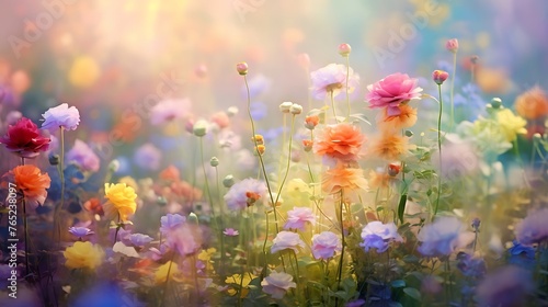 An enchanting blurred background adorned with a vibrant tapestry of colorful flowers  creating a dreamlike atmosphere. 