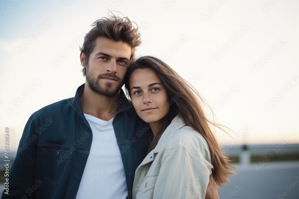Young loving couple embracing outdoors at sunset with a soft-focus background. Casual Couple Embracing at Sunset Outdoors