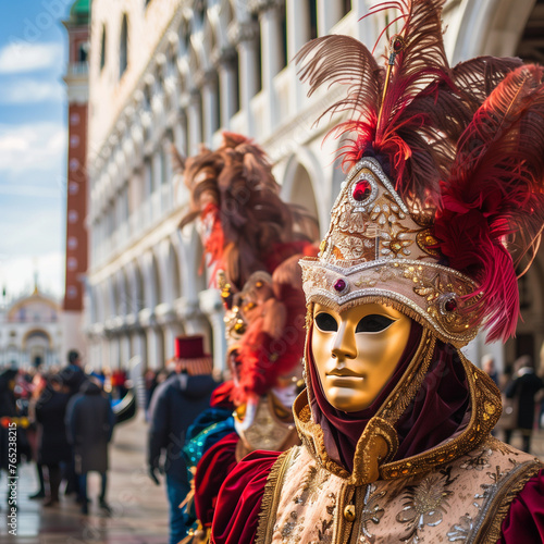 Majestic Venetian Mask at Carnival with Historic Architecture Backdrop