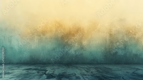 There is a yellow to blue gradient in the fog, mist, and clouds. The image has a textured paper overlay and grain pattern visible at 100%.