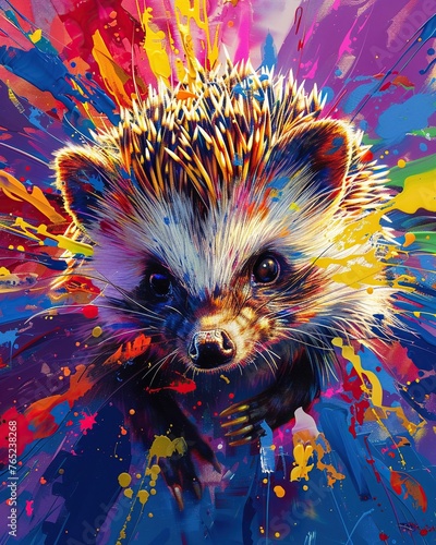 A pop art style rendition of a hedgehog turns its spines into a vibrant explosion of paint splatters, each quill a stroke of creative genius , cinematic