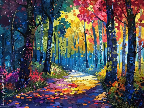 An enchanted forest where trees have leaves of shimmering sequins and bark of graffiti tags, a wild blend of nature and pop art style , high detailed