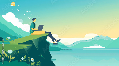 A person with a laptop working in scenic locations, blending technology with the freedom of remote work © AndyGordon