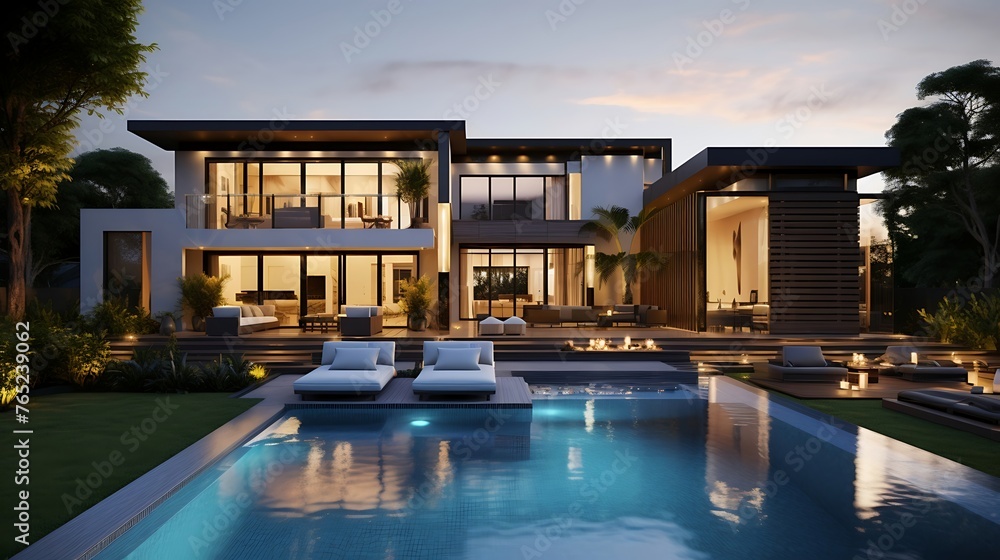 An enchanting scene presenting a modern-style house, with sleek lines and contemporary architecture, nestled amidst lush greenery and bathed in the soft glow of the setting sun.


