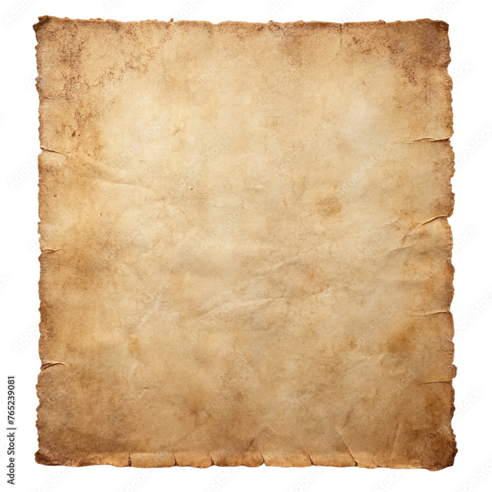 Old paper sheet isolated on transparent background. Crumpled paper texture.