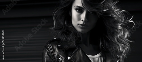 The image shows a close-up of a woman in a stylish leather jacket striking a pose for a photograph