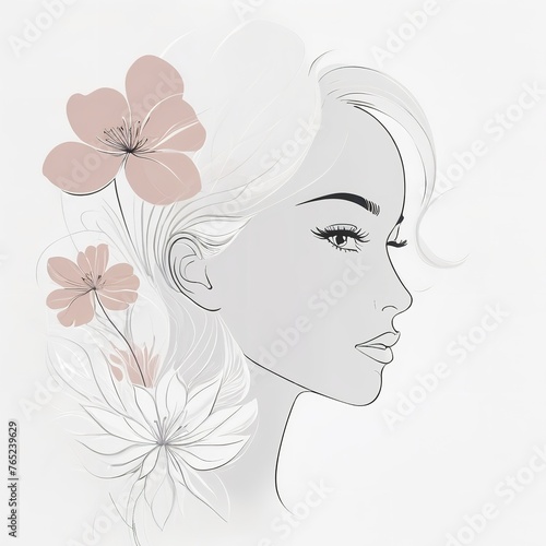 Abstract female face in one line. Woman face with flowers Surreal Line art female floral girl. Minimalism Abstract modern Continuous single line woman face portrait 