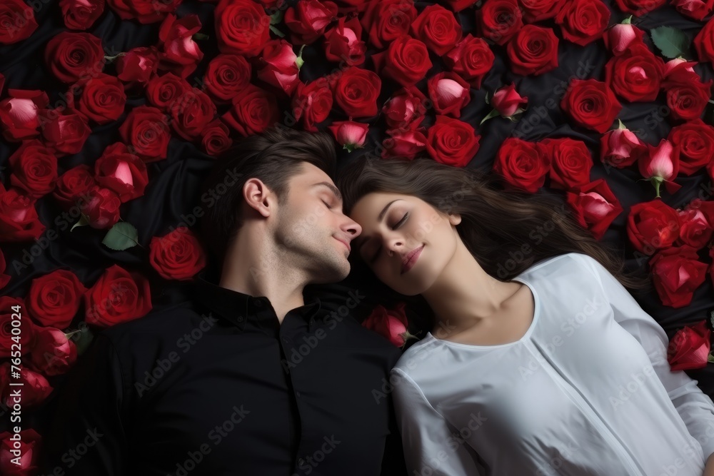 A loving couple lies surrounded by a sea of red roses on a black backdrop, creating an intimate and romantic setting. Couple Surrounded by Red Roses on Black Background