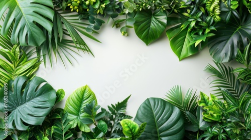 The layout features colorful tropical leaves on a white background. Minimal summer exotic concept with copy space. The border arrangement provides a nice finishing touch.