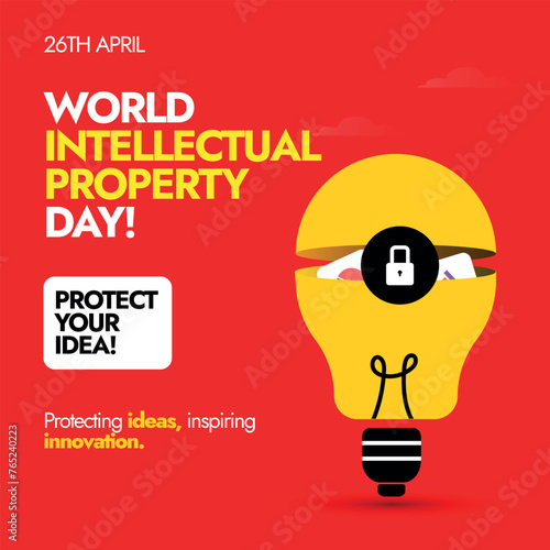 World Intellectual property day.26th April World IP day celebration banner to promote the importance of safety and protection of intellectual property.IP day banner with yellow bulb on red background 