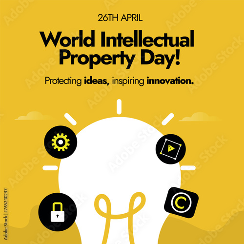World Intellectual Property day. 26th April World Intellectual property day celebration banner to promote the importance of balanced IP. Building our common future with innovation and creativity.