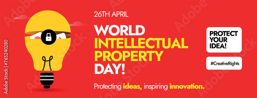 World Intellectual property day.26th April World IP day celebration cover banner with importance of safety and protection of intellectual property.IP day banner with yellow bulb on red background. 
